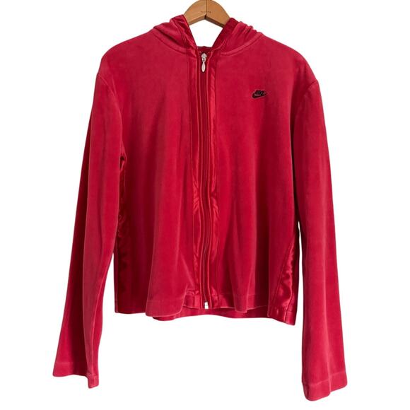 Nike Womens Y2K Velour Track Jacket Red 2000s Full Zip Hood Retro 90s Nostalgia - Picture 1 of 9